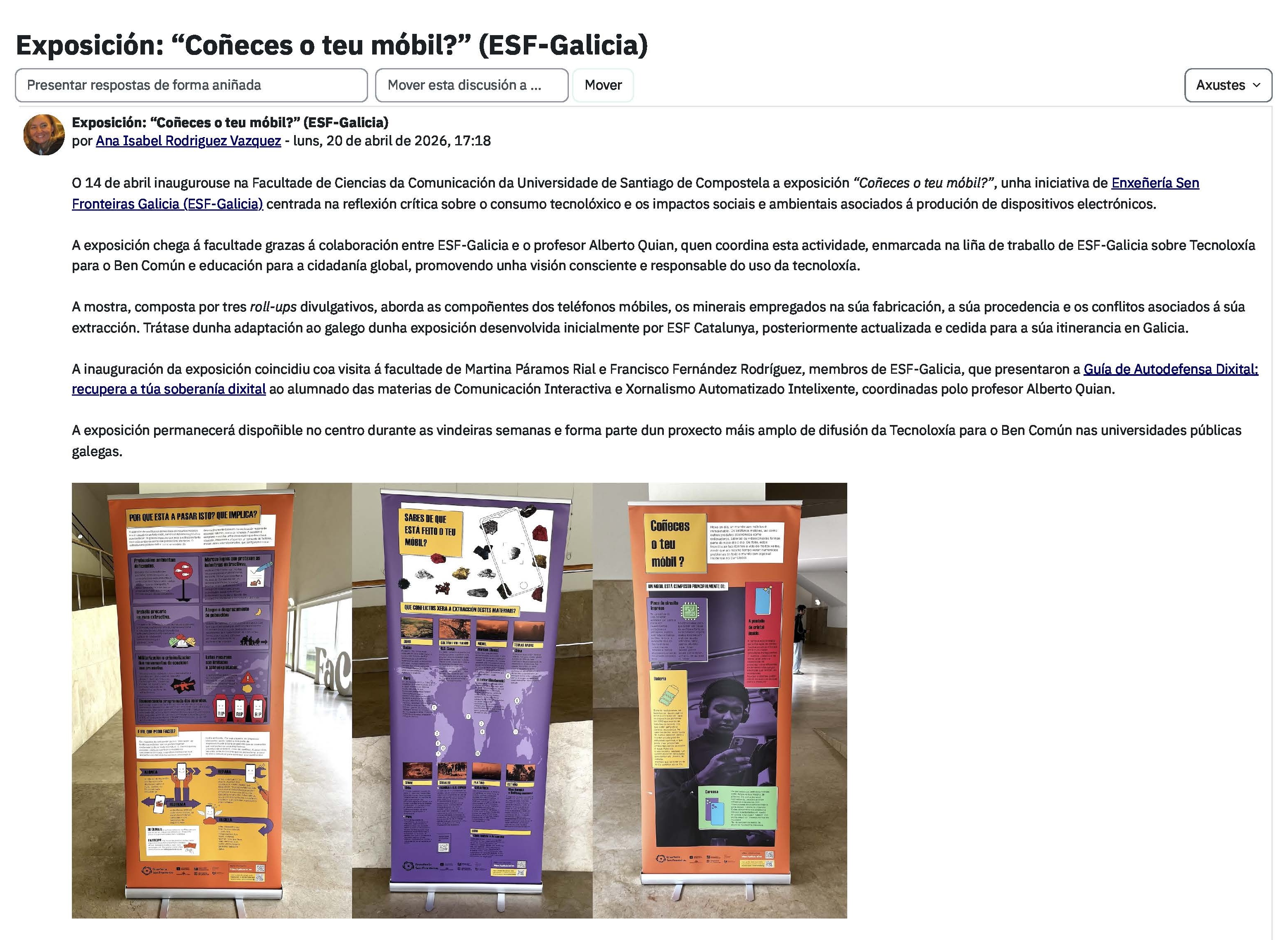 Exposición Coñeces o teu móbil? — Facultade de Ciencias da Comunicación, USC, abril 2026